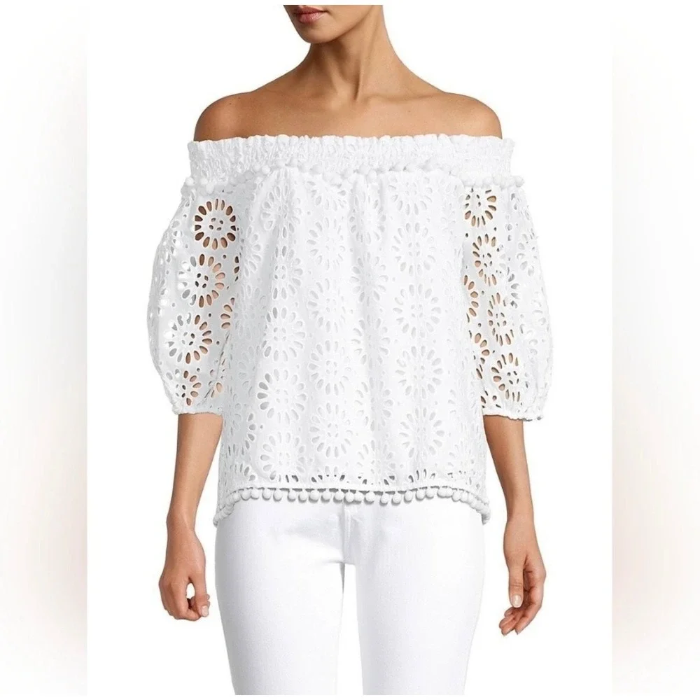 Lilly Pulitzer Raylee Top White‎ Eyelet Boho Off Shoulder Beachy Size XS